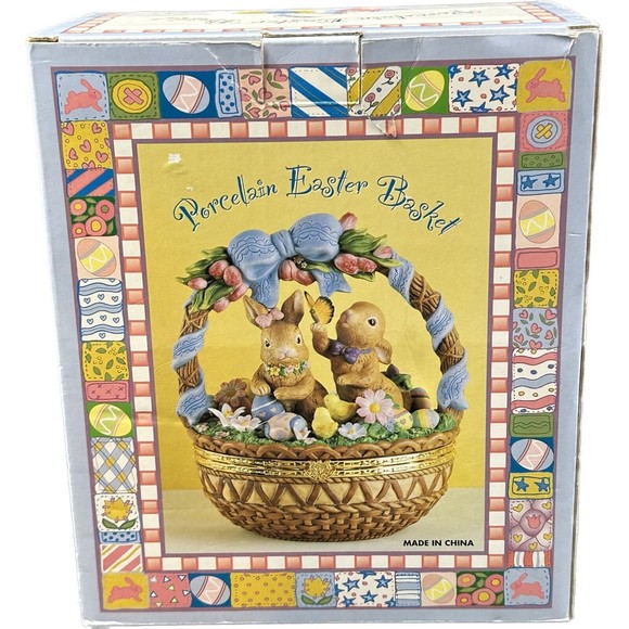 Porcelain Easter Basket Large Trinket Box with Bunnies and Flowers in Box - Picture 9 of 10